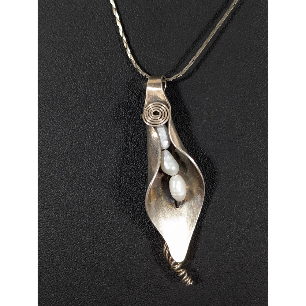 Artisan Upcycled Spoon Necklace Calla Lily Flower White Pearl Silver Tone 18" - Picture 2 of 10